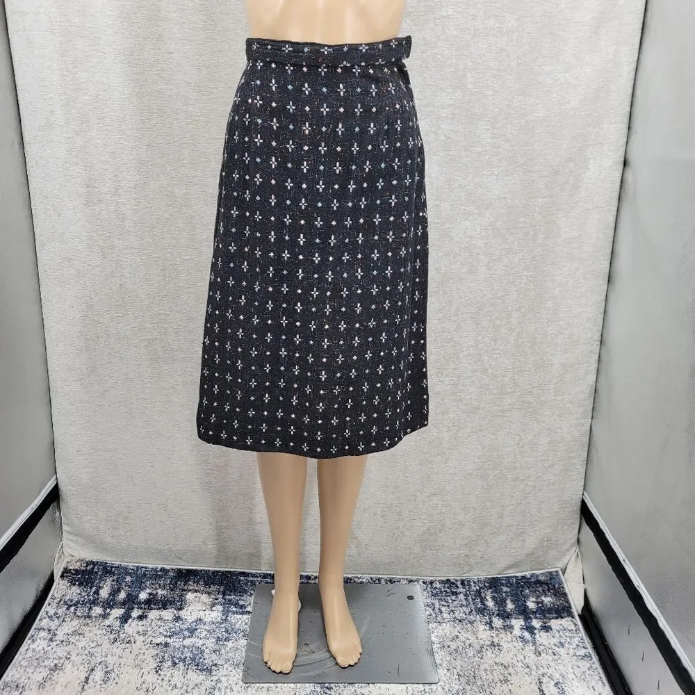60s Vintage Handmade Tailored Wool Matching Skirt Suit Set Black with Pink Blue